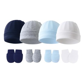 Newborn Baby Hats Mittens Set for Boys and Girls Unisex Toddler Warm Hospital Hat and Gloves White/Navy Blue/Gray/Blue for 0-6 Months