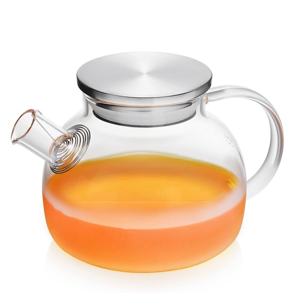 Pokaroty Polished Glass Teapot, Heat Resistant Glass, Translucent Teapot, Glass Kettle, Tea Pot, 33.8 fl oz (1,000 ml), Frosted Heat-resistant Glass, Stylish, Stainless Steel Lid Included, Round Tea,