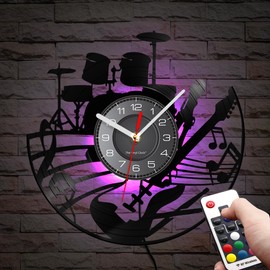 Timethink 12 Inch Guitar and Drum Kit LED Vinyl Record Wall Clock with 7 Colors Changing Non-Ticking, Modern Rock N Roll Instrument Night Light Wall Clock Drummer Gifts for Men Guitarist Music Lovers