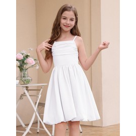 ODIZLI Tween Girls Dresses Spaghetti Strap Ruched Bubble Dress A Line Birthday Party 5th Grade Graduation Dress White Tween Girls Trendy Dresses Summer Gown Pageant Homecoming White 7-8 Years