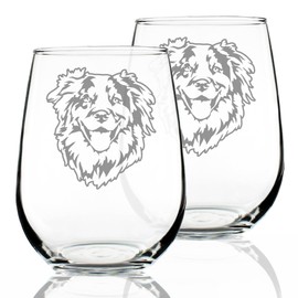 Australian Shepherd Face - Stemless Wine Glasses - Set of 2 - Unique Dog Themed Decor and Gifts for Lovers of Aussies - Large 17 Ounce