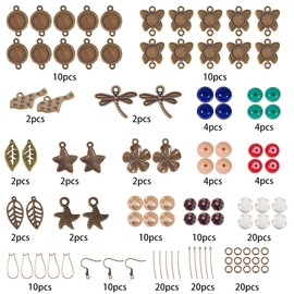 SUNNYCLUE 1 Box DIY 10 Paare 12mm Glaskuppel Cabochon Ohrringe Machen Starter-Kits Foto Schmuckzubehör Handwerk Ohrring Draht Haken,Fassungen für Cabochon,Charm-Perlen,Antik Bronze