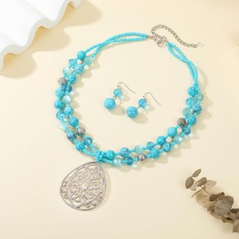 Aenu 18” Beads Necklaces Cute Elegant Figure Glossy Teardrop Pendant Necklace Set for Women Holiday Gift (Turquoise)