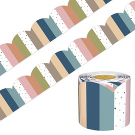 50 Ft Boho Bulletin Board Border Scalloped Classroom Border Roll Stripe Polka Dot Border Trims Boho Colorful Bulletin Board Decorations for School Classroom Office Wall Chalkboard Decor
