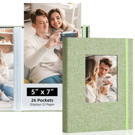 Remowith 5x7 Photo Album, Slip In Fabric Cover Scrapbook with Front Window, Holds 52 Photos (26 Pockets), for Baby, Wedding, Travel, Green