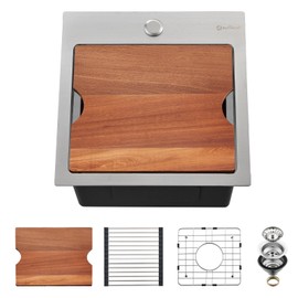 EcoChannels Kitchen Sink, 15 x 15 x 10 inch Small Bar Prep Sink 16 Gauge Stainless Steel Drop Single Bowl Workstation with Cutting Board