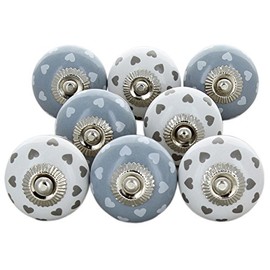 Set of 8 White Grey Hearts Ceramic Door Knobs Vintage Shabby Chic Cupboard Drawer Pull Handles by G Decor
