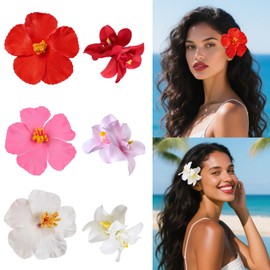 6 Pcs Hawaiian Flower Hair Clips for Women, Plumeria Hibiscus Hair Clip Artificial Flower Clips 3.5 Inch Floral Hair Barrettes for Summer Vacation Beach Party Girls Holiday Gifts(White, Red, Pink)