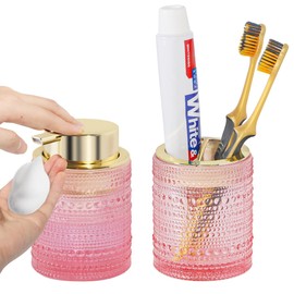 Fvstar Glass Toothbrush Holder,Pink Toothbrush and Toothpaste Holder Set,Refillable Foam Hand Soap Dispenser,Gold Toothbrush Cup Holder for Bathroom Countertop and Vanity