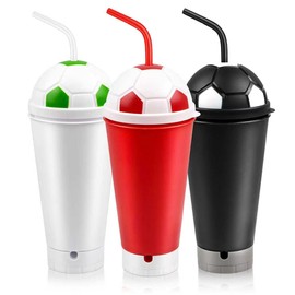EASEVE Football Straw Cup Built-in Stadium Horn - 3 Pack 22 oz Reusable Plastic Tumbler with Lids and Straws for Soccer Fans, Blow Horn Water Bottle & Noisemaker for Game Day Tailgate Party Supplies