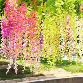 sheH 12pcs Artificial Fake Wisteria Vine Garland-GreenDec 3.6Ft/Piece Silk Wisteria Vine Ratta Hanging Flower for Home Garden Wedding Decor (Pink)
