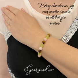 { Georgiadis } - 8mm Bead Tiger Eye, Rose Quartz and Light Green Jade Gemstones with 18K Gold Plating, Beautiful Gemstone Beads, Prosperity, Abundance and Attract Good Luck, Perfect for those in Business or starting a new Idea, Birthday, Gift, Bracelet f