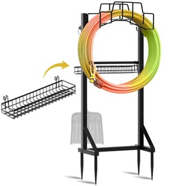 MorningRo 2 Pcs Garden Hose Holder Hangers Freestanding Set, Including 1 Holds 160' Water Hose Stand Rack, Metal, Stable, Easy Setup, Heavy Duty, Detachable, and 1 Basket for Outside Yard Farm