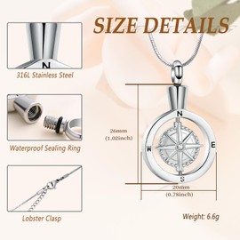 Minicremation Compass Locket Urn Necklace for Ashes Funeral Cremation Jewelry Stainless Steel Keepsake Pendant Necklace for Women Men