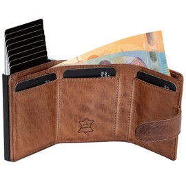 Fa.Volmer ® Pop-up card case made of genuine leather with/without coin compartment for men and women, max. 11 cards, RFID protection, wallet VO24/31, Zip Brown, Contemporary