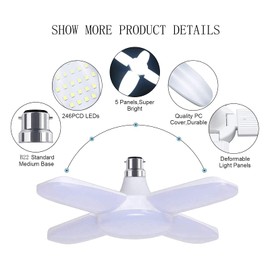 HUAMu B22 Bayonet LED Garage Light 60W, 6500K Daylight White 6000Lm Deformable Workshop Lamp with 4 Adjustable Panels, LED Ceiling Lighting, for Garages, Basement, Warehouse, Attic, Gym (Pack of 2)