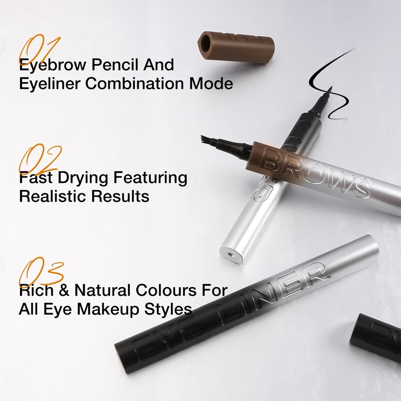 Boobeen Waterproof Liquid Eyebrow Pencils with 4-Fork Tips, 2-Pcs, Microblading