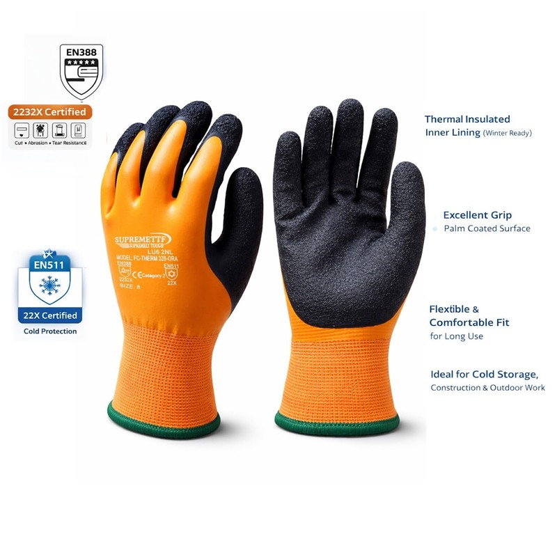 Supreme TTF Waterproof Thermal Work Gloves, Double Latex Coated, Orange-Black,