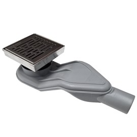 SereneDrains Wow Drain TM Horizontal Side Discharge Outlet Low Profile with Square Shower Drain Assembly Reducer PVC Base Pipe Fitting P Trap (Polished Chrome, 4 Inch)