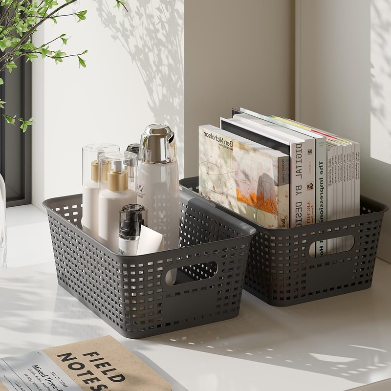 6 Pack Plastic Breathable Storage Baskets with Lids, Gray