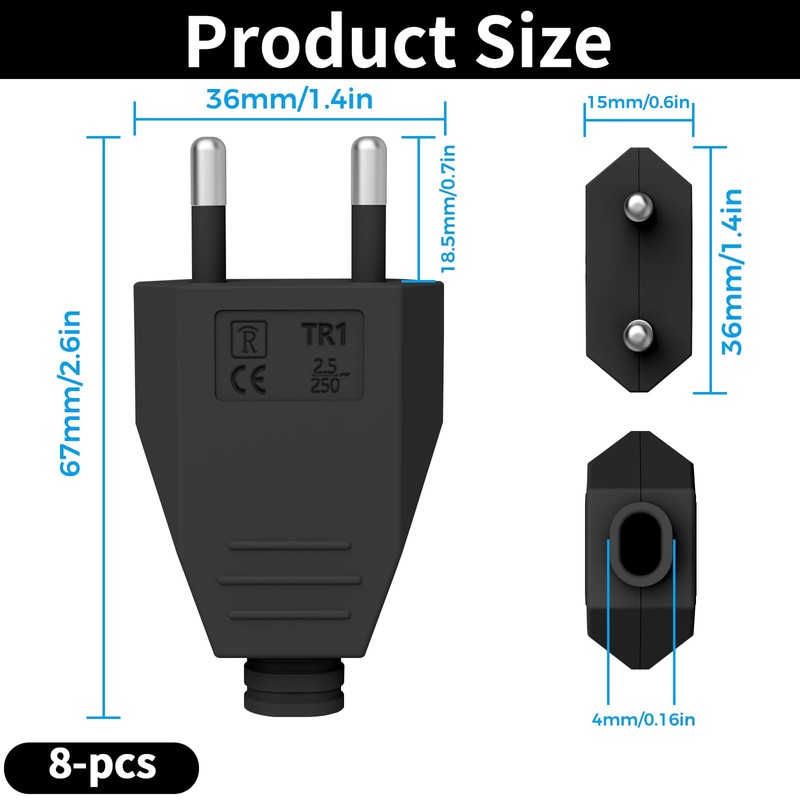 8 pieces Euro plug flat, Euro plug flat 250 V