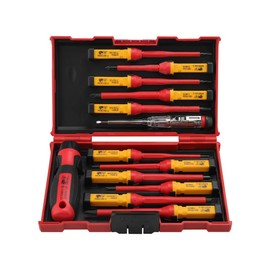 Hoteche VDE Screwdriver Set 13 Pieces - Insulated Screwdrivers for Electricians - SL, PH, PZ, T - 1 Piece VDE Electrical Tester - Red/Black Plastic Box