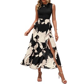 BTFBM Women Casual Sleeveless Summer Dresses 2024 Spring Crewneck Patchwork Boho Floral Ruffle Cocktail Party Midi Dress(White Floral Black, Medium)