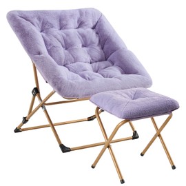 OAKHAM Comfy Saucer Chair for Adults, Soft Faux Fur Folding Lounge Chair for Bedroom Living Room Dorm Rooms Flexible Reading Chair for Teens Kids, X-Large Foldable Chair (Ottoman-Lavender)