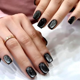 Black Press on Nails 24Pcs Short Squoval Fake Nails Glitter Dark False Nails with Sparm Cat Eye Designs Reusable Acrylic Nail Art Tips Salon Stick On Nail for Women Girls DIY Manicure