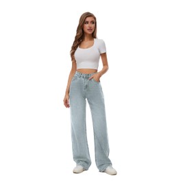 KICZOY Women High Waist Wide Leg Jeans Boyfriends Stretch Long Trousers Denim Pants Retro Blue