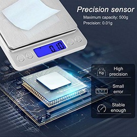 Diyife Balanza de Cocina 500g/0.01g, Escala de Alta Precisión/Báscula Digital/Báscula de Bolsillo/Básculas de Joyería, Función de Tara y PCS, con LCD Retroiluminación, 2 Bandejas
