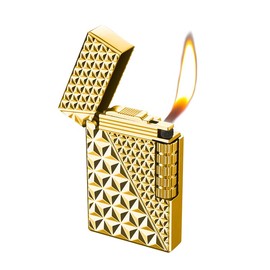 Soft Flame Metal Traditional Cigar Butane Lighter With Adjustable Flame Dial, Vertical Ignition Roller Flint Wheel, Classic Drawing (Gold-1)