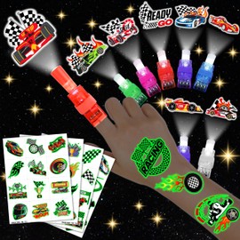 72 PCS Race Car Party Favors – 48 PCS Tattoos & 24 PCS LED Finger Lights Combo – Birthday Goodie Bag Fillers, Party Supplies, Gifts Light Up Toys Glow In The Dark for Boys and Girls