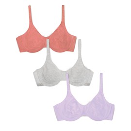 Fruit of the Loom Womens Cotton Stretch Extreme Comfort Full Coverage Bra, Desert Dusk/Grey/Lilac Whisper, 40DD US