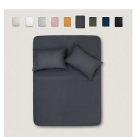 TOSMO Pure Linen Sheets Set, 100% French Natural Linen Flax Bedding 4pc Set (King, 1 Flat Sheet, 1 Fitted Sheet, 2 Pillowcases) - Blue Grey