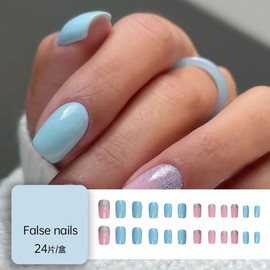 Press on Nails Short Square Fake Nails Shiny Solid Color Full Set Jelly Glue Stick on Nails Acrylic Artificial False Nail Complete Design DIY for Girls and Women 24 PCS