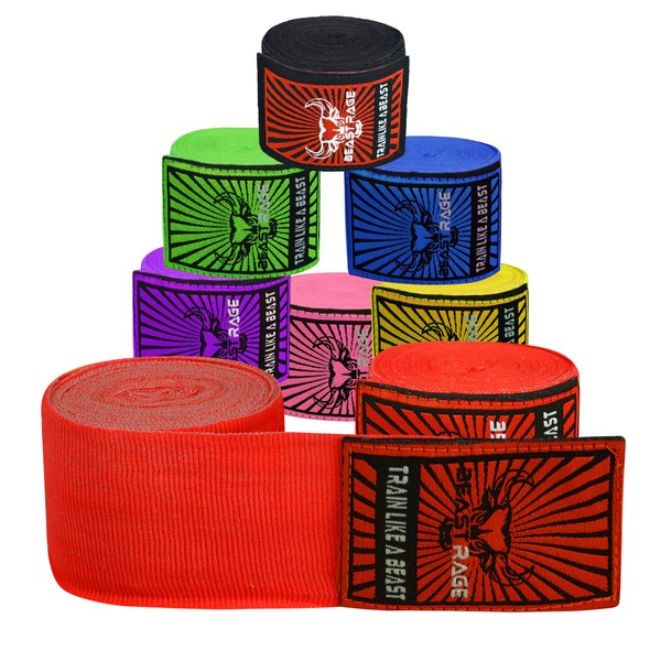 BEAST RAGE Bandages de boxe pour homme - Protection MMA - Gants intérieurs - Entraînement - Arts martiaux - Boxe - Muay Thai - 4,5 m - Bandes élastiques (4,5 m, rouge)