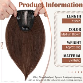 Leterly Hair Topper 12" Clip in Hair Toppers Silky Straight Base Extensions Bangs Top Pieces Synthetic for Thinning Gray Hair Women Medium Brown