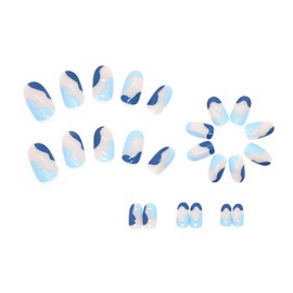 24 Pcs Blue Press on Nails - Short, Oval Shape, Glossy Full Cover Reusable False Nails for French Stripe Wave Artificial Acrylic Manicure Set