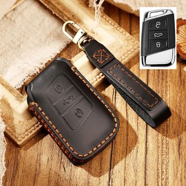 HIBEYO Smart Car Key Case Fits VW Leather Protective Key Box Cover for Atlas Magotan CC Skoda Superb Kodiaq Key Case Remote Key Fob Key Case A Black