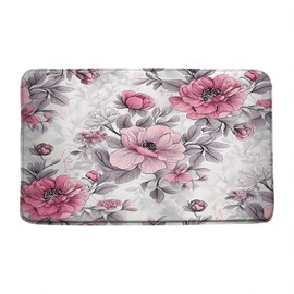 LAEDCIITI Floral Bath Mat Pink Grey Watercolor Floral Spring Flower Modern Aesthetic Flower Elegant Wildflower Vintage Rustic Bath Rug,Absorbent Doormat Bedroom Rug Kitchen Toilet