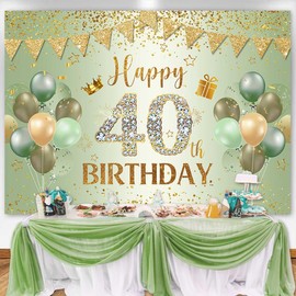 Ayayiya Sage Green 40th Birthday Backdrop for Women Men Green Gold Happy 40th Birthday Photography Background Glitter Flag Fabulous 40th Birthday Party Decorations Supplies Banner Photo Booth 7x5ft