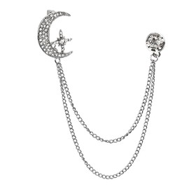 Rhinestone Moon Star Brooch Lapel Pin with Long Tassel Chain Mens Women Brooch Pins for Suits Ties Styling Chain Brooch for Men Collar Pins Corsage Decorative Pins for Clothing