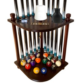 Pool Cue Rack Floor Stand for Cue Stick at Any Size, A Full Set Of Balls, Billiard Table Accessory. Corner Pool Stick Holder 100% Solid Wood with Score Counter, Hook