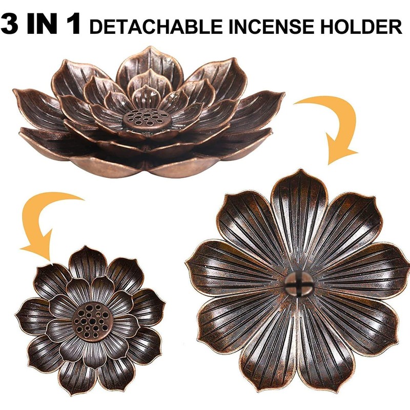 2Pcs Brass Lotus Incense Holder,Detachable Sticks Incense Burner Ash Catcher,Brass