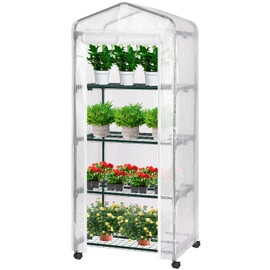 VIVOSUN Mini 4-Tier Greenhouse with Wheels, 27 x 19 x 63-Inch Reusable Portable Warm House with White PE Cover and Shelf for Compact Garden and Small Backyards, with Wheels