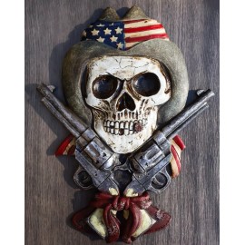 Western Vintage Cowboy Skull With USA Flag Hat and Crossed Pistols Wall Decor