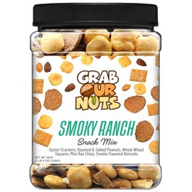 Grab Our Nuts Smoky Ranch Snack Mix 22 Oz Jar - Oyster Crackers, Roasted Peanuts, Whole Wheat Squares, Mini Rye Worcestershire Bagel Chips, Smoke Flavored Almonds