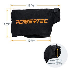 POWERTEC Miter Saw Dust Collector Bag for 10", 12" Miter Saw, Fits Nominal 2-1/2" Dust Ports, Hook and Loop Dust Bag w/Zipper and Wired Adjustable Stand for Belt Sander (75075)
