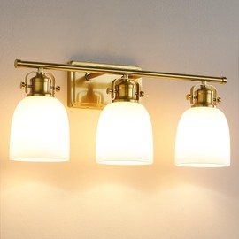KAISITE Gold Bathroom Light Fixture Over Mirror 3-Light Bathroom Vanity Light with Milky White Glass Shades 22.8Inch E26 Mid Century Modern Light Fixtures for Bathroom Restroom(Exclude Bulbs)